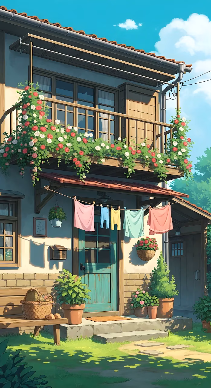 Idyllic Cottage Garden with Hanging Laundry - Free Mobile AMOLED Wallpaper Background