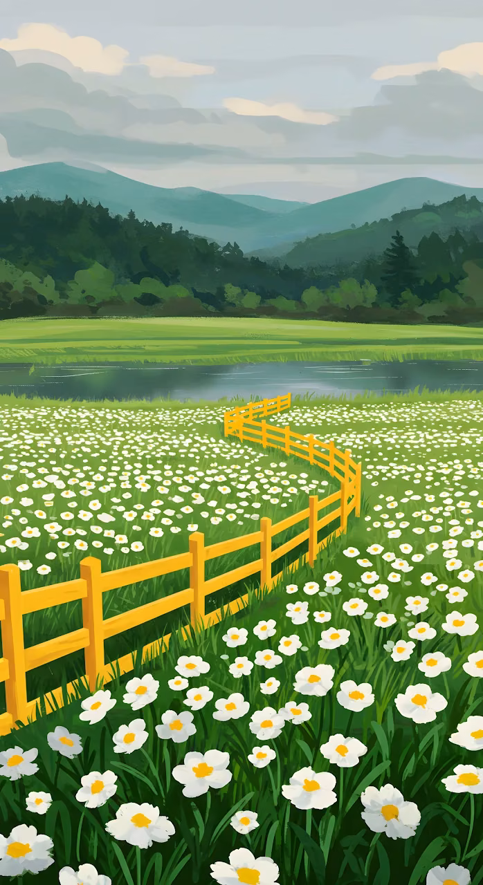 Idyllic Daisy Field with Yellow Fence and Distant Hills - Free Mobile AMOLED Wallpaper Background