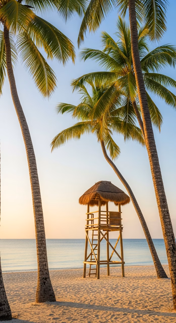 Download Idyllic Tropical Beach Scene with a Rustic Lifeguard Tower and Palm Trees at Sunrise Wallpaper in Mobile HD Idyllic Tropical Beach Scene with a Rustic Lifeguard Tower and Palm Trees at Sunrise - Free Mobile AMOLED Wallpaper Background