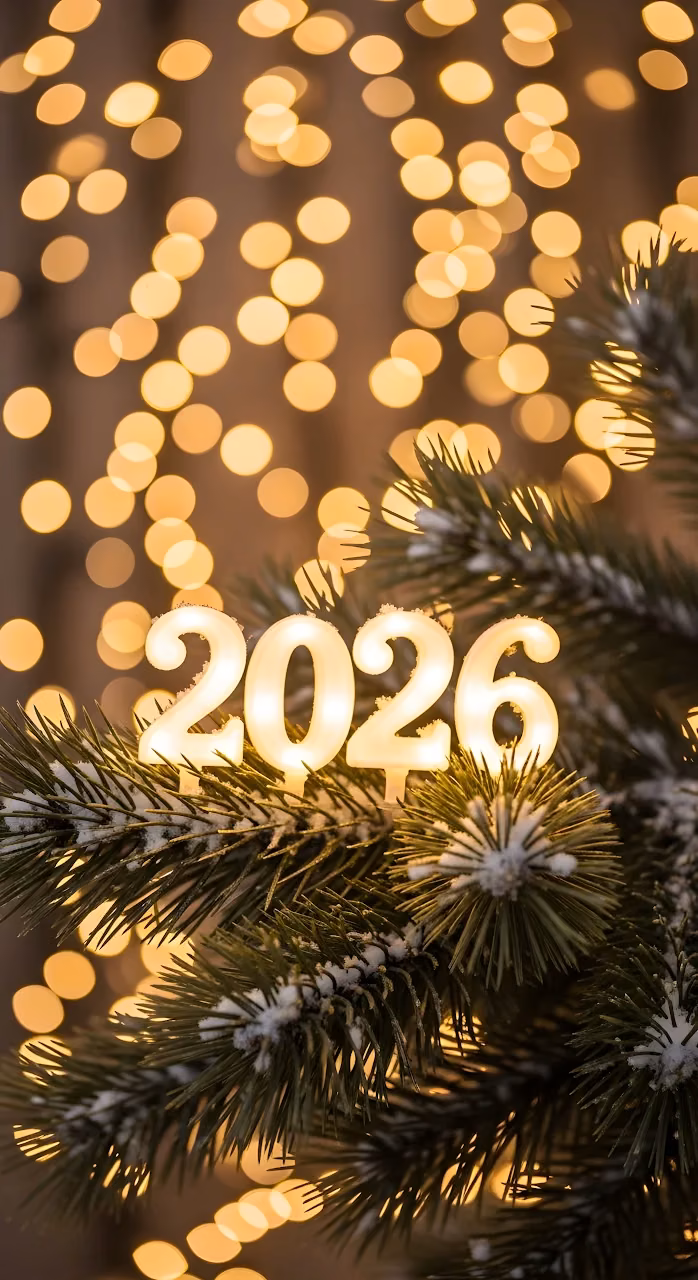 Illuminated 2026 Numbers on Snowy Pine Branch with Bokeh - Free Mobile AMOLED Wallpaper Background