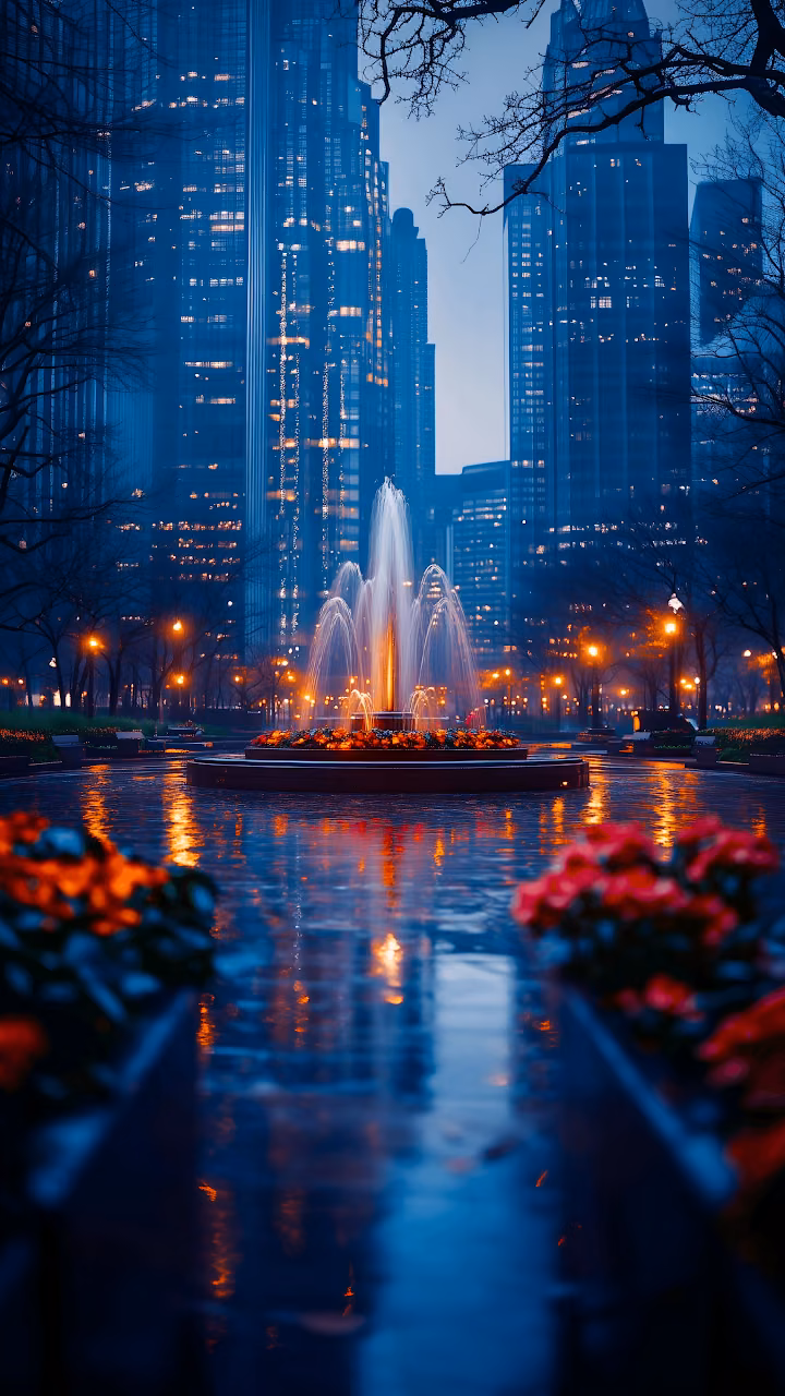 Download Illuminated Fountain in Urban Park at Twilight Wallpaper in Mobile HD Illuminated Fountain in Urban Park at Twilight - Free Mobile AMOLED Wallpaper Background
