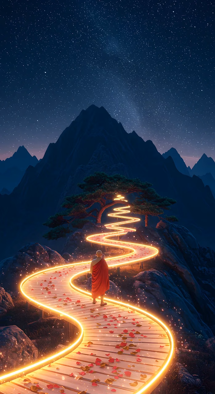 Download Illuminated Mountain Trail with Monk and Red Petals Wallpaper in Mobile HD Illuminated Mountain Trail with Monk and Red Petals - Free Mobile AMOLED Wallpaper Background