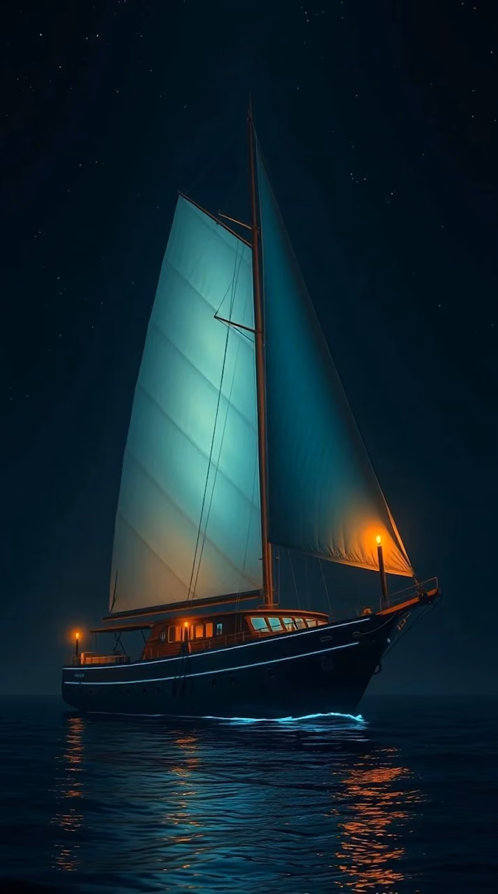 Illuminated Sailboat Navigating Starry Ocean Night - Free 4K Desktop Wallpaper Background