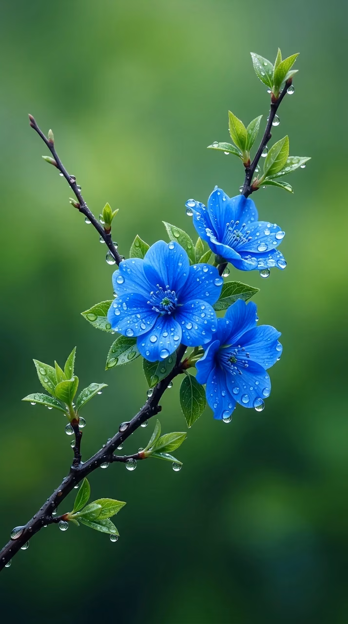 Download Illustration of Blue Flowers with Dew Drops on a Branch Wallpaper in Mobile HD Illustration of Blue Flowers with Dew Drops on a Branch - Free Mobile AMOLED Wallpaper Background