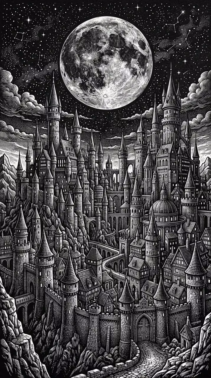 Illustration of a Fantasy Castle Town under a Large Full Moon - Free Mobile AMOLED Wallpaper Background