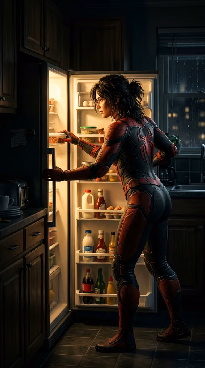 Download Illustration of a Female Superhero Looking into an Open Illuminated Refrigerator Wallpaper in Mobile HD Illustration of a Female Superhero Looking into an Open Illuminated Refrigerator - Free Mobile AMOLED Wallpaper Background