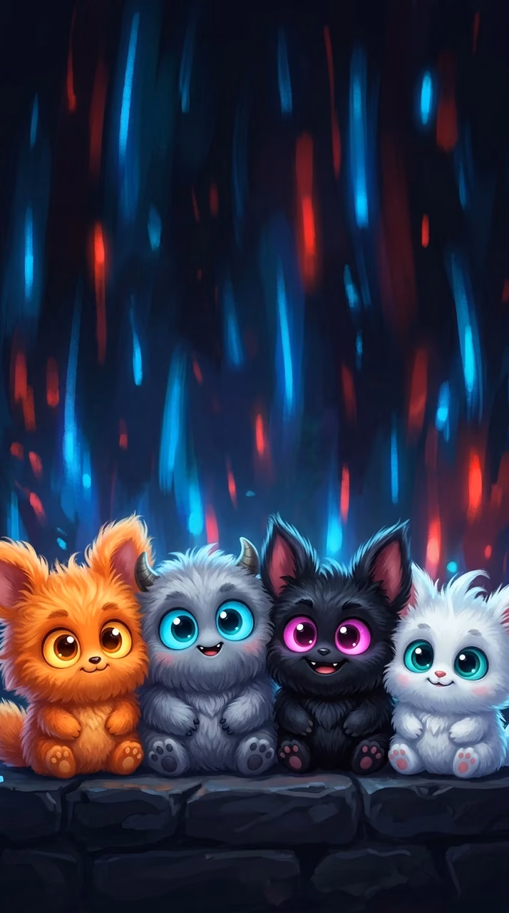 Illustration of Four Colorful Fluffy Monsters in a Horizontal Row - Free Mobile AMOLED Wallpaper Background