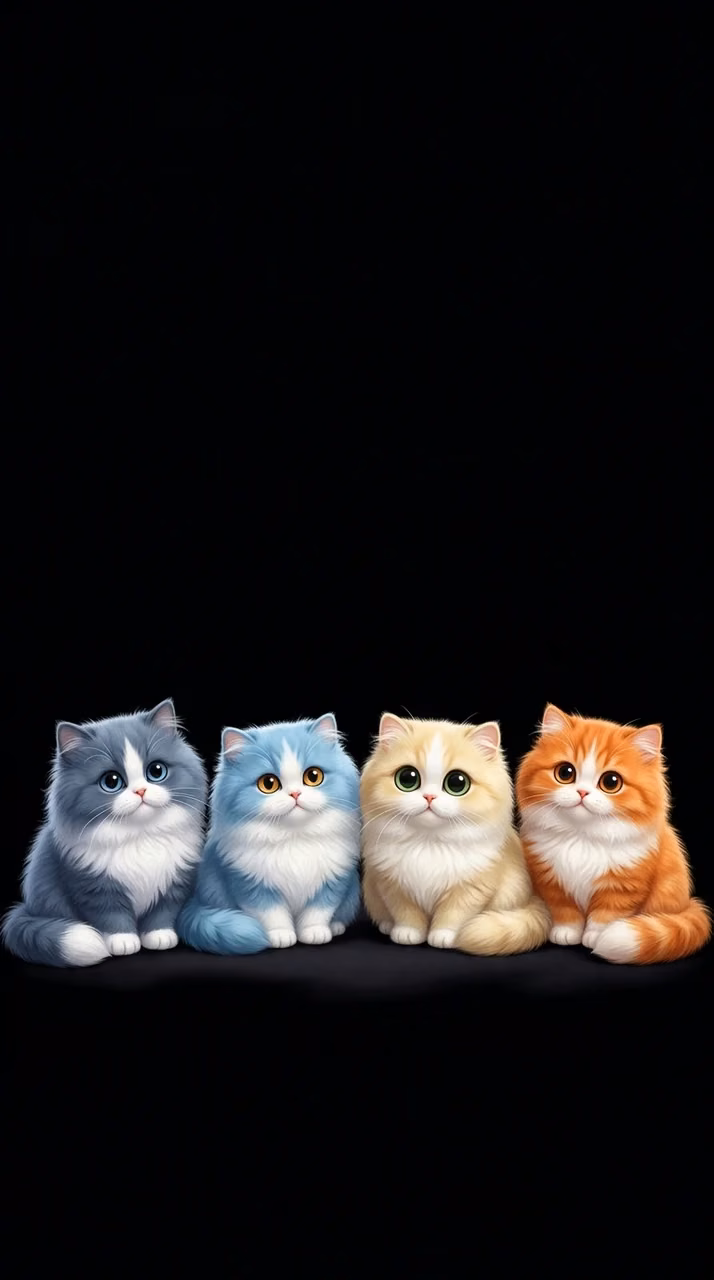 Illustration of Four Colorful Wide-Eyed Fluffy Cats in a Line - Free Mobile AMOLED Wallpaper Background