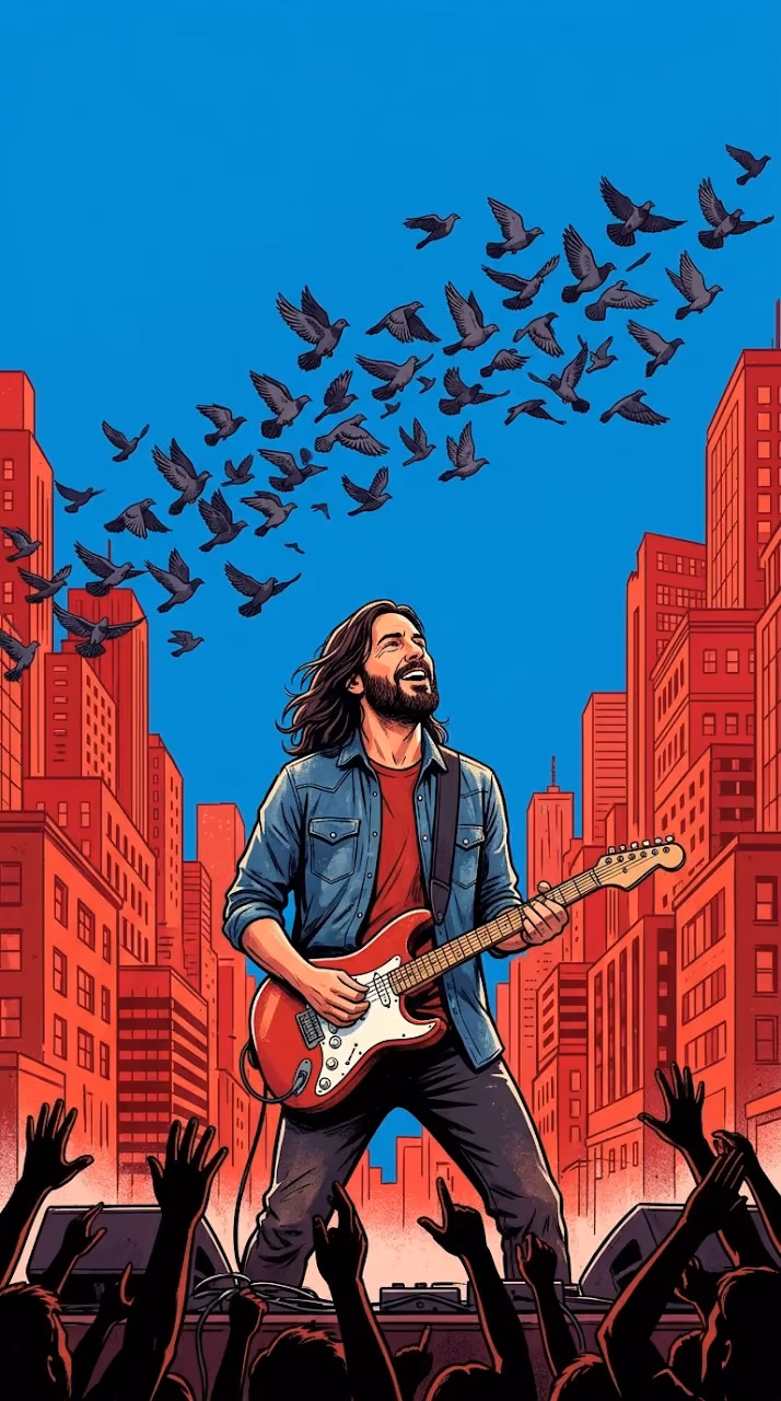 Download Illustration of Guitarist Looking Up at Birds in Red Urban Setting Wallpaper in Mobile HD Illustration of Guitarist Looking Up at Birds in Red Urban Setting - Free Mobile AMOLED Wallpaper Background
