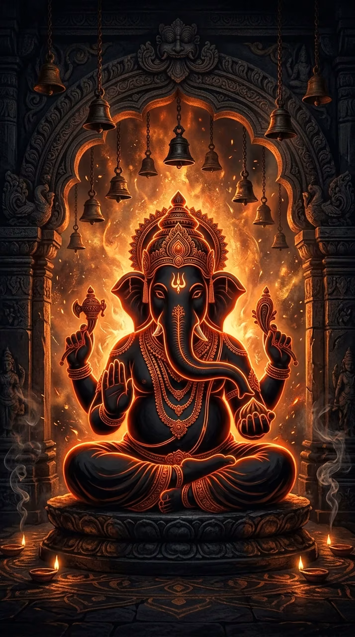 Illustration of Lord Ganesha Silhouette with Glowing Orange Highlights - Free Mobile AMOLED Wallpaper Background