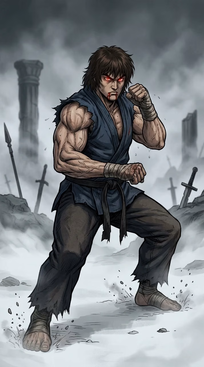 Illustration of a Muscular Martial Artist with Glowing Red Eyes in Combat - Free Mobile AMOLED Wallpaper Background