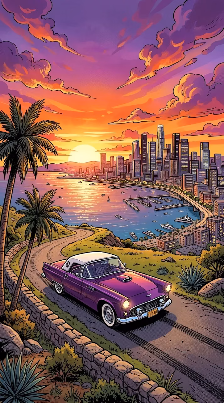 Illustration of a Purple Classic Car Overlooking a Sunset City Skyline - Free Mobile AMOLED Wallpaper Background