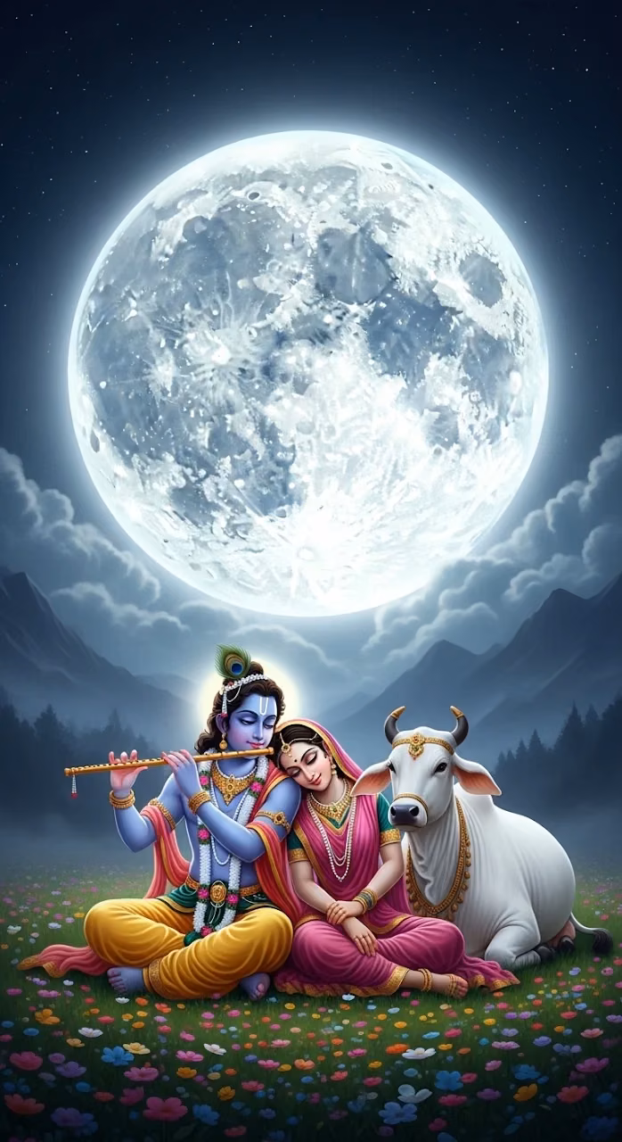 Illustration of Radha and Krishna with a Cow under a Luminous Full Moon - Free Mobile AMOLED Wallpaper Background