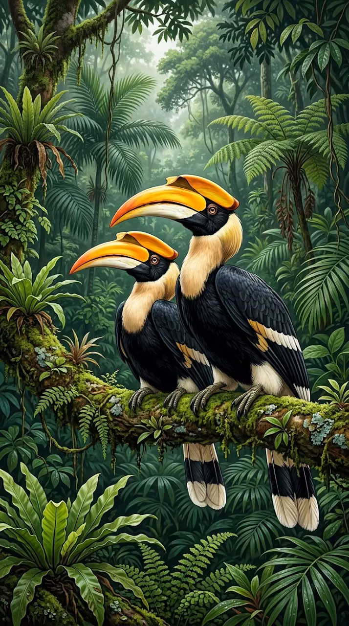 Illustration of Two Great Hornbills Perched on a Mossy Jungle Branch - Free Mobile AMOLED Wallpaper Background