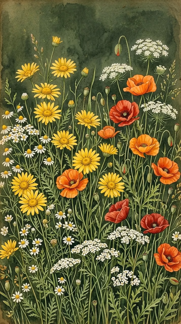 Illustration of a Vibrant Meadow of Assorted Wildflowers - Free Mobile AMOLED Wallpaper Background