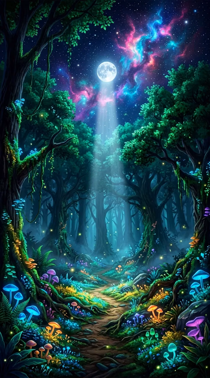Download Imaginative Digital Painting of Celestial Forest with Glowing Moss Wallpaper in Mobile HD Imaginative Digital Painting of Celestial Forest with Glowing Moss - Free Mobile AMOLED Wallpaper Background