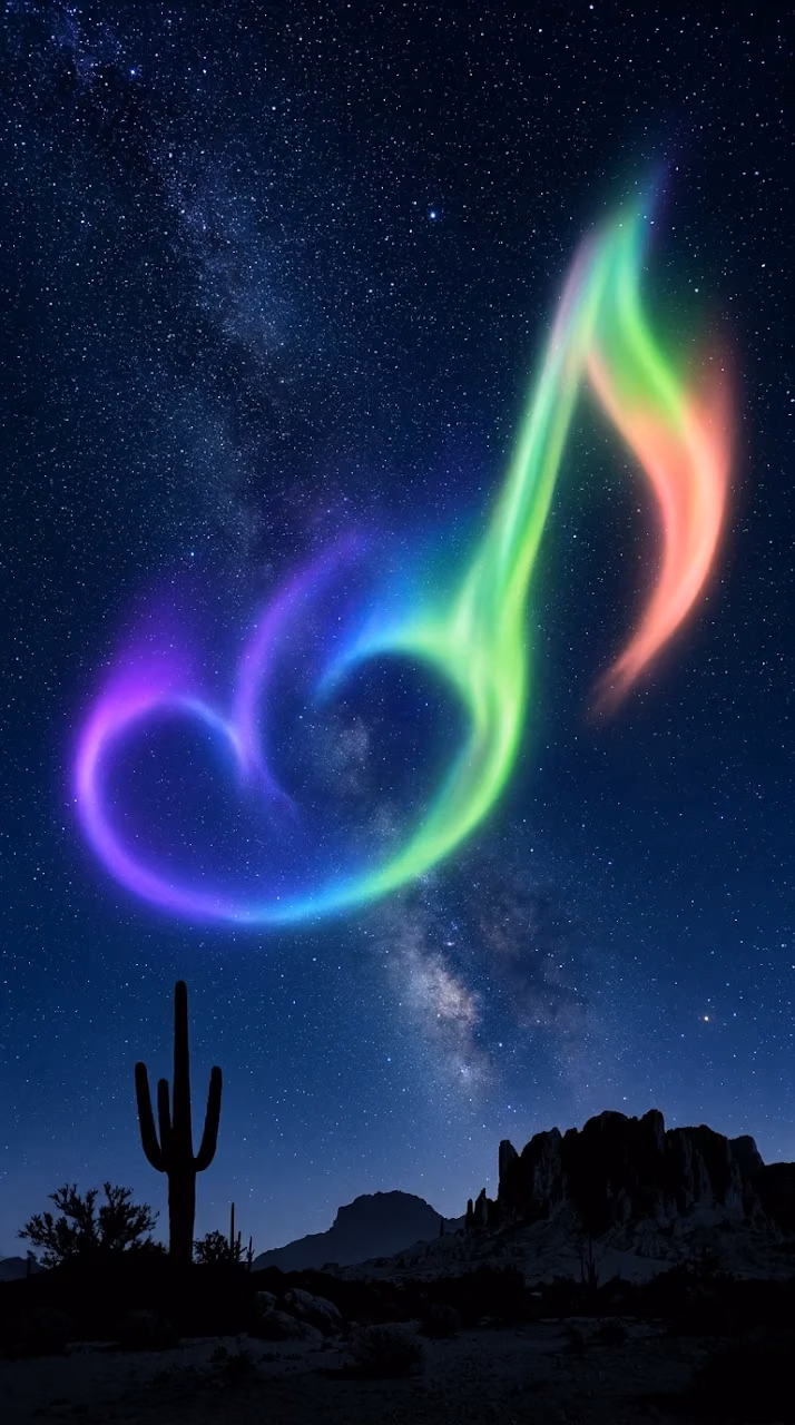 Imaginative Night Sky with Musical Note Aurora Over Desert - Free Mobile AMOLED Wallpaper Background