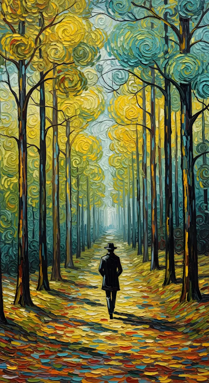Impasto Autumn Forest Path Swirling Foliage Painting - Free Mobile AMOLED Wallpaper Background