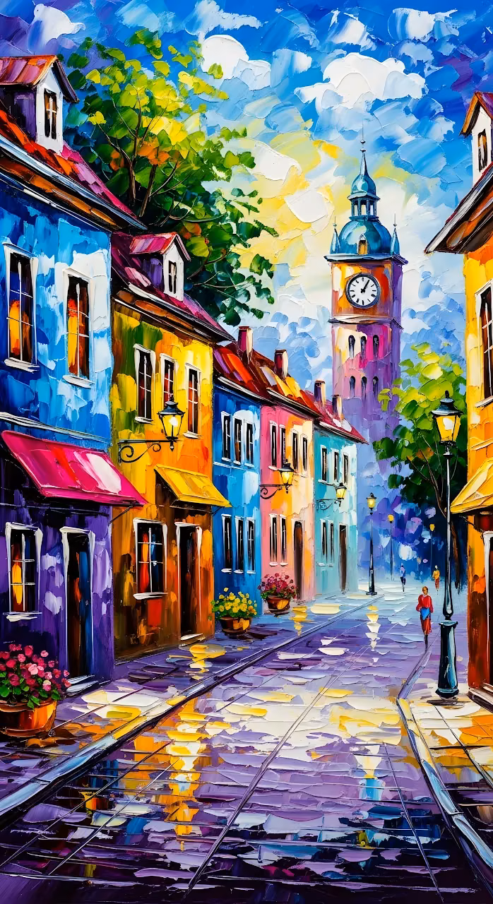 Impasto Cityscape Painting Colorful European Street Art - Free Mobile AMOLED Wallpaper Background