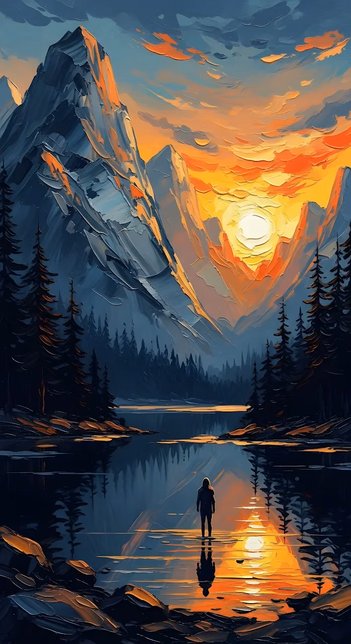 Impasto Mountain Sunset Lake Reflection Painting - Free Mobile AMOLED Wallpaper Background