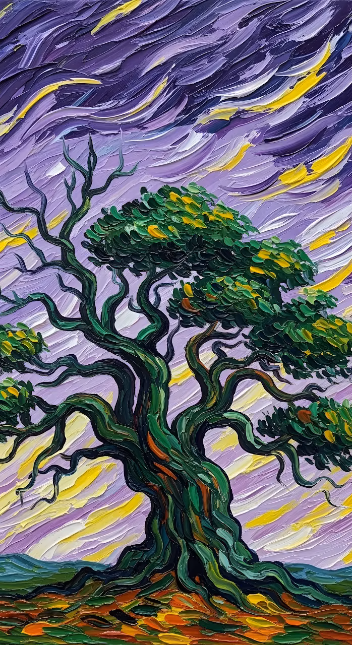 Impasto Oil Painting of a Gnarled Tree at Dusk - Free 4K Desktop Wallpaper Background