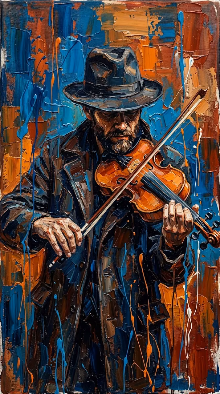 Impasto Oil Painting of a Man Playing Violin in Blue and Orange - Free Mobile AMOLED Wallpaper Background