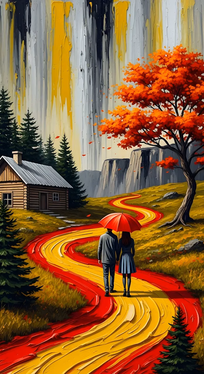 Download Impasto Painting of Couple Walking on Red and Yellow Path Wallpaper in Mobile HD Impasto Painting of Couple Walking on Red and Yellow Path - Free Mobile AMOLED Wallpaper Background