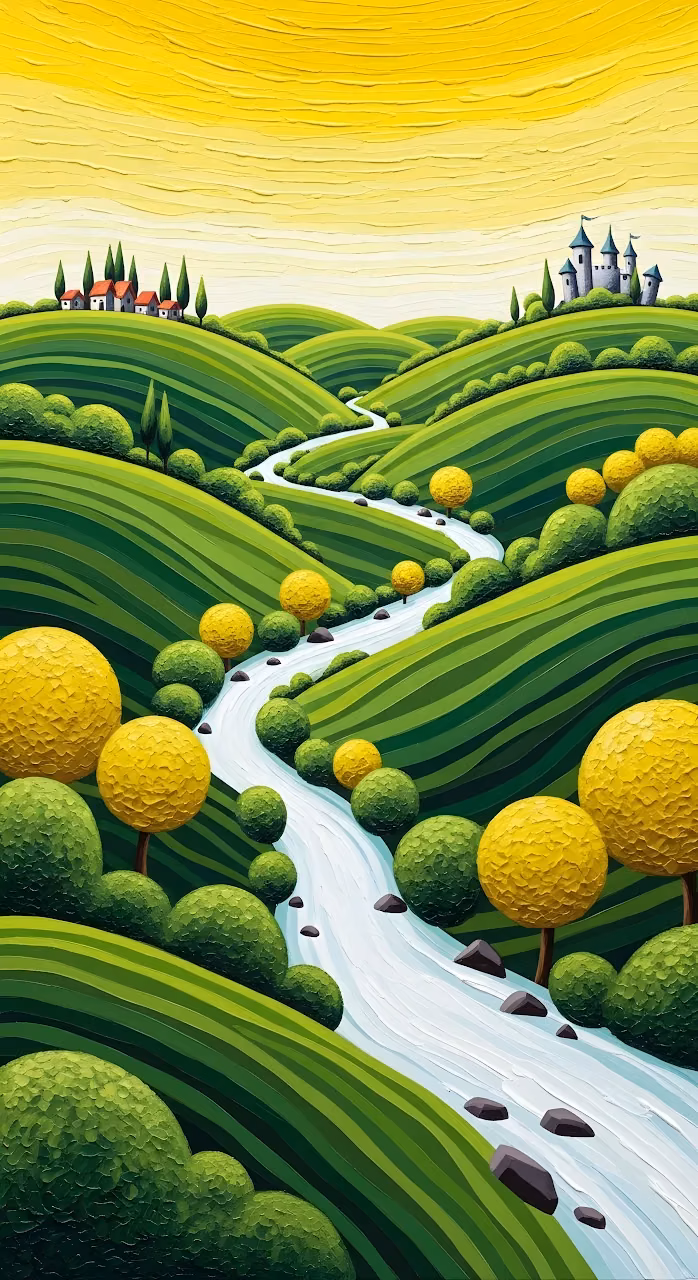 Download Impasto Painting of Winding River Through Green Hills Wallpaper in Mobile HD Impasto Painting of Winding River Through Green Hills - Free Mobile AMOLED Wallpaper Background