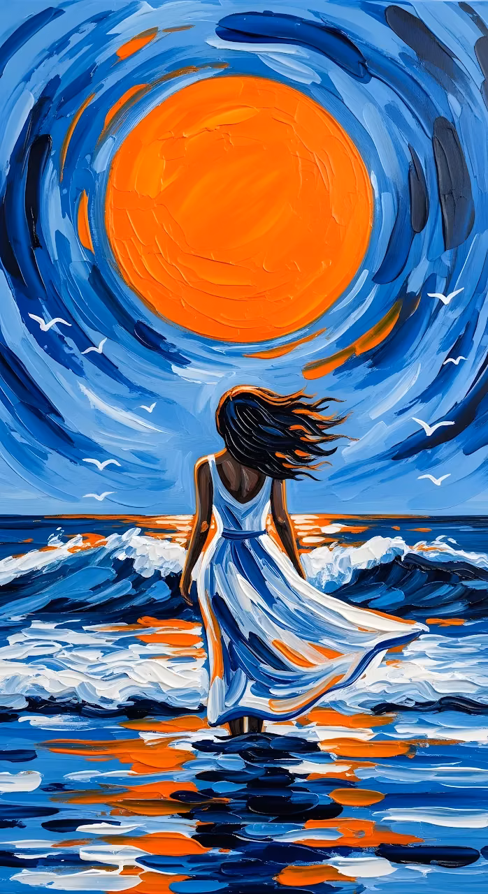 Download Impasto Painting of Woman by Sea Under Orange Sun Wallpaper in Mobile HD Impasto Painting of Woman by Sea Under Orange Sun - Free Mobile AMOLED Wallpaper Background