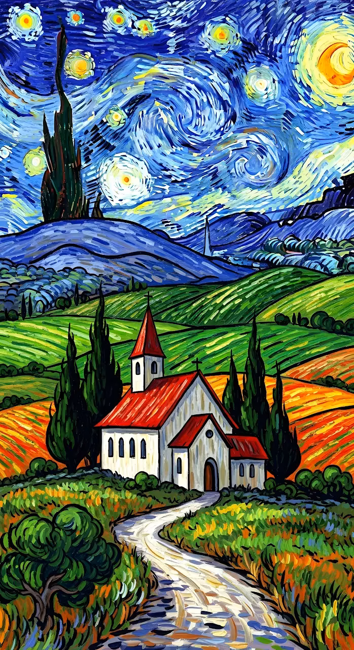 Download Impressionist Church Landscape with Starry Night Sky Painting Wallpaper in Mobile HD Impressionist Church Landscape with Starry Night Sky Painting - Free Mobile AMOLED Wallpaper Background