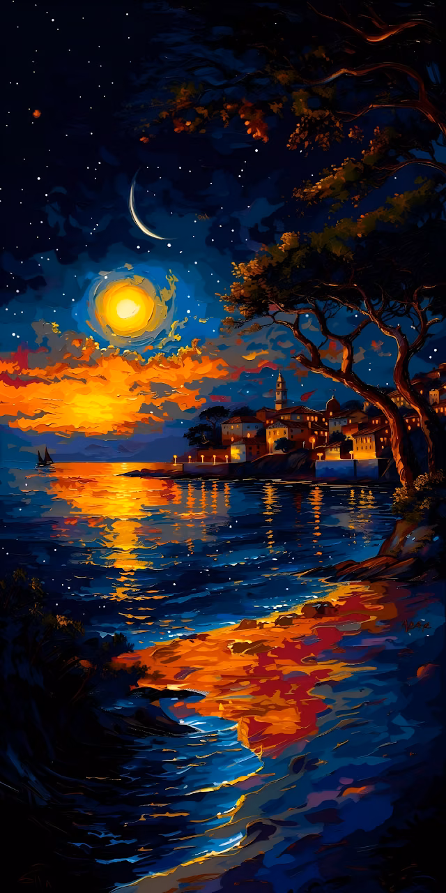 Impressionist Night Seascape Coastal Village Painting - Free Mobile AMOLED Wallpaper Background