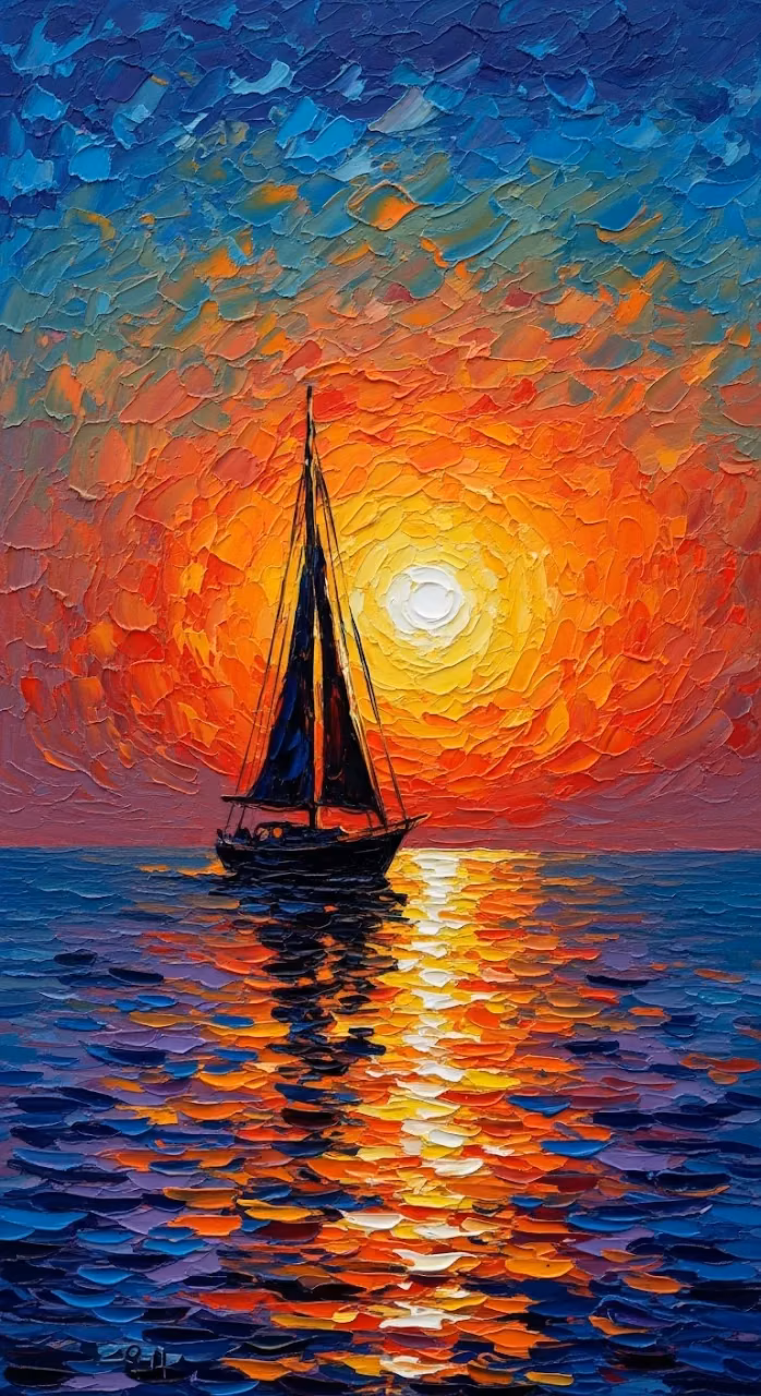 Download Impressionist Oil Painting of a Sailboat at Golden Hour Wallpaper in Mobile HD Impressionist Oil Painting of a Sailboat at Golden Hour - Free Mobile AMOLED Wallpaper Background