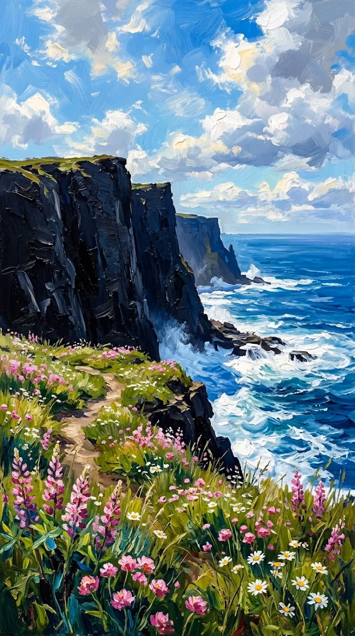 Download Impressionist Painting of High Sea Cliffs and a Wildflower Meadow Wallpaper in Mobile HD Impressionist Painting of High Sea Cliffs and a Wildflower Meadow - Free Mobile AMOLED Wallpaper Background