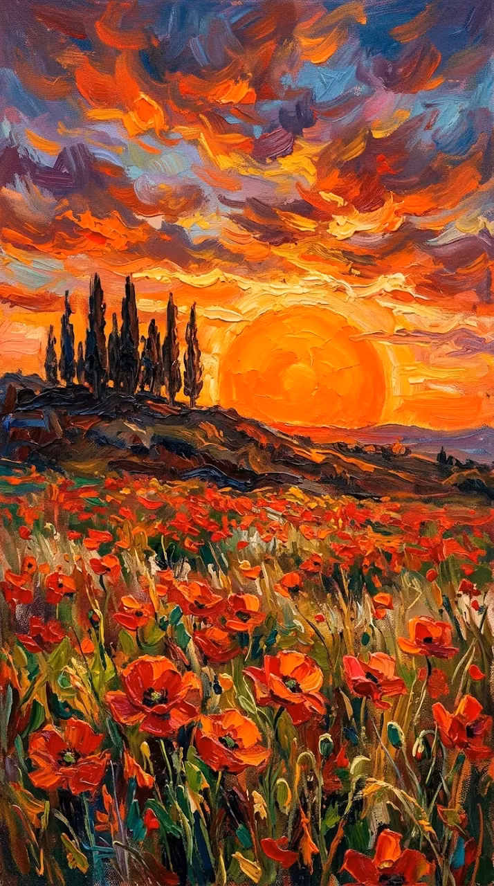 Impressionist Painting of a Red Poppy Field with Cypress Trees at Sunset - Free Mobile AMOLED Wallpaper Background