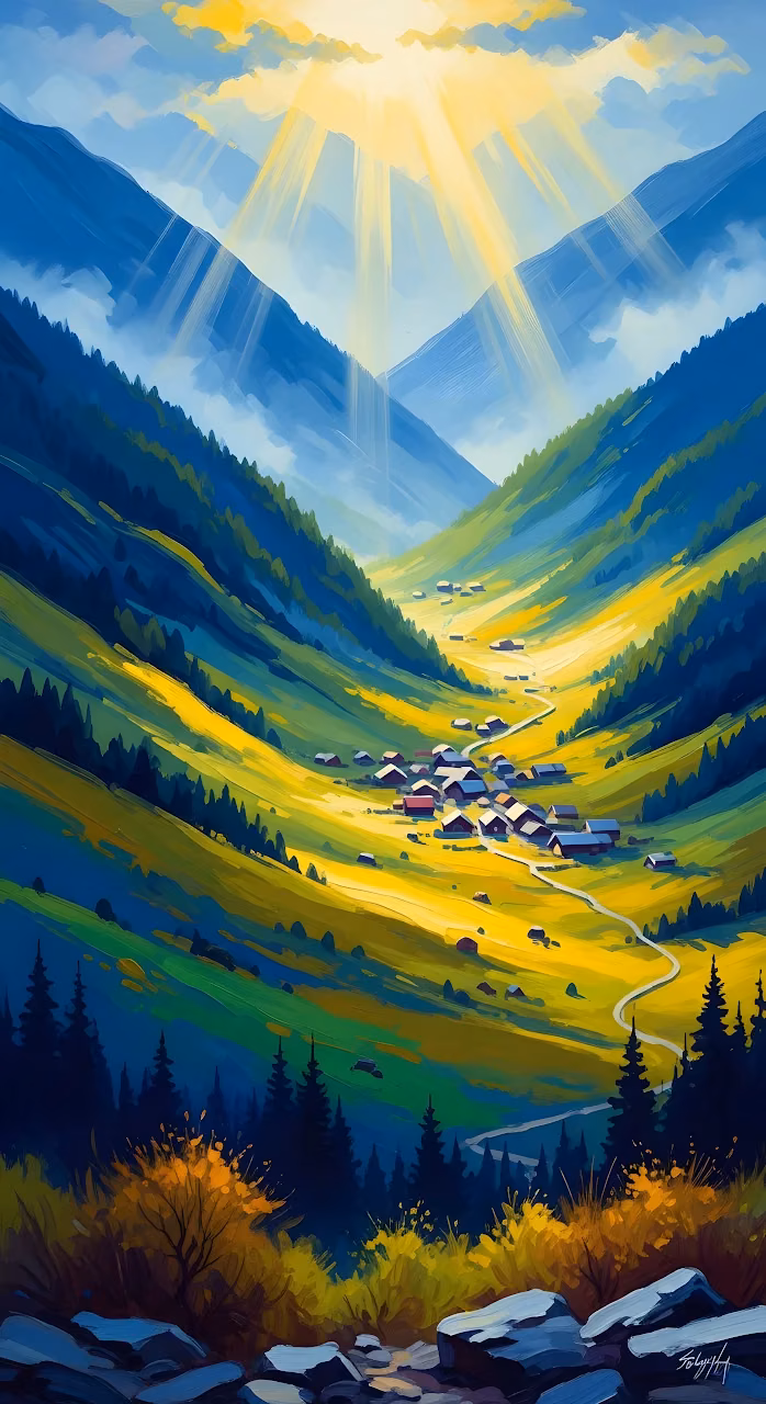 Impressionist Painting of Sunny Alpine Valley Village - Free Mobile AMOLED Wallpaper Background