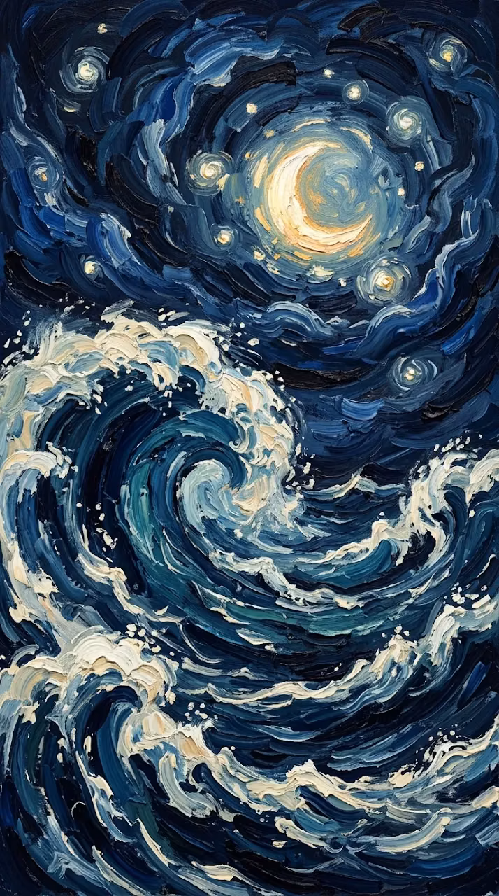 Impressionist Starry Night Sky over Turbulent Blue Ocean Waves - Free Mobile AMOLED Wallpaper Background