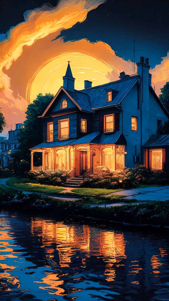Download Impressionist Victorian Mansion Sunset Reflection Painting Wallpaper in Mobile HD Impressionist Victorian Mansion Sunset Reflection Painting - Free Mobile AMOLED Wallpaper Background