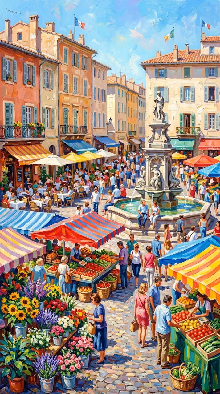 Impressionistic Bustling Market Square at Noon with Historic Fountain - Free Mobile AMOLED Wallpaper Background