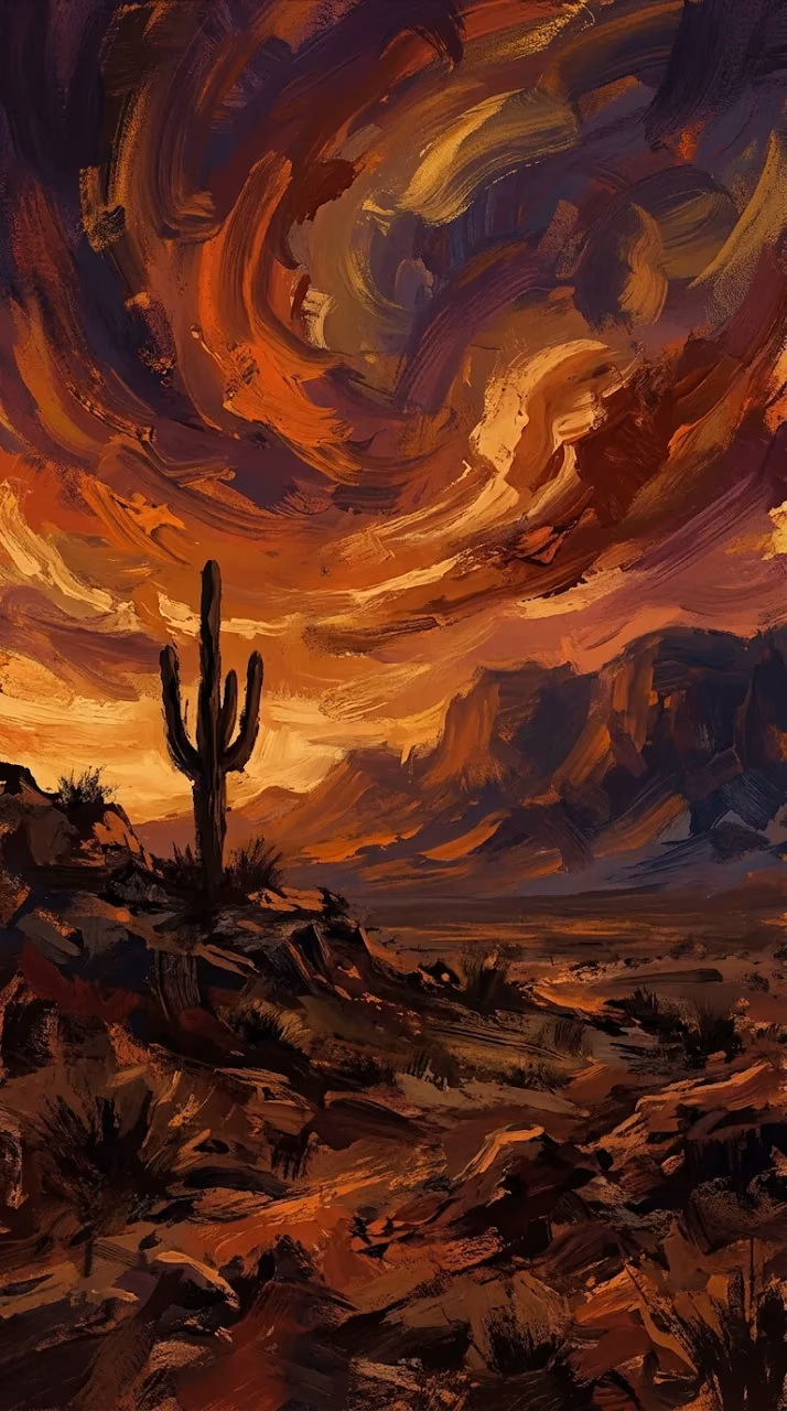 Impressionistic Desert Dusk with Lone Cactus Silhouette - Free Mobile AMOLED Wallpaper Background