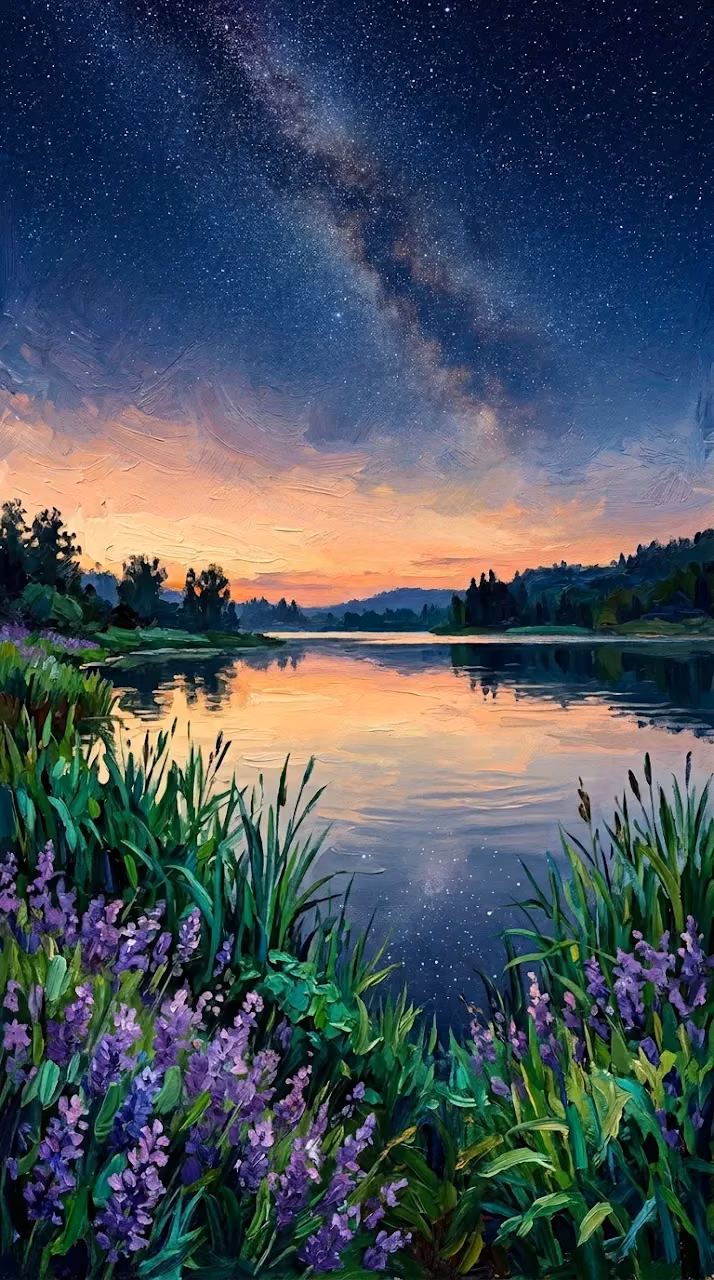 Download Impressionistic Lakeside at Twilight with Reeds and Starry Sky Wallpaper in Mobile HD Impressionistic Lakeside at Twilight with Reeds and Starry Sky - Free Mobile AMOLED Wallpaper Background