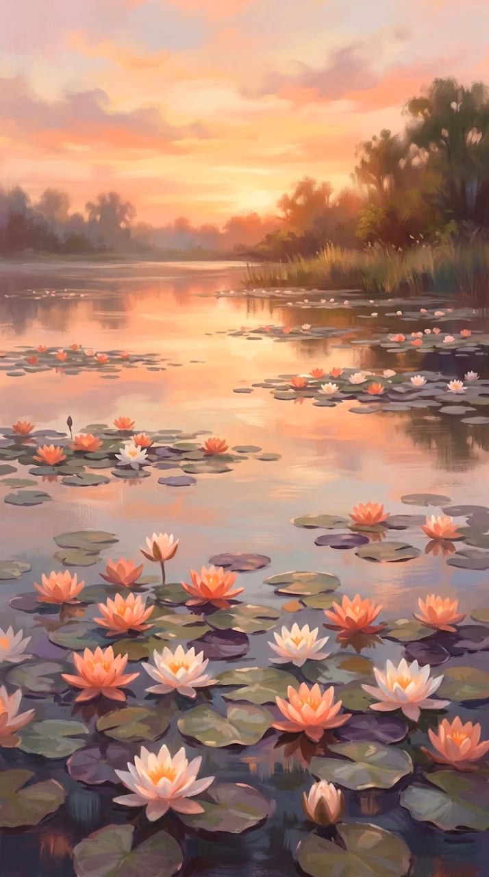 Impressionistic Sunset Lagoon with Blooming Water Lilies - Free Mobile AMOLED Wallpaper Background