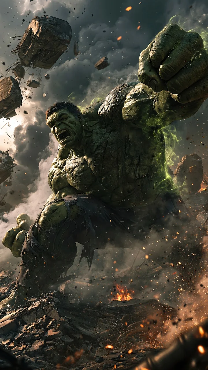 Download Incredible Hulk Smashing Debris Action 4K Wallpaper in Mobile HD Muscular green Hulk roaring and punching forward among exploding rocks, fire sparks, and smoke.