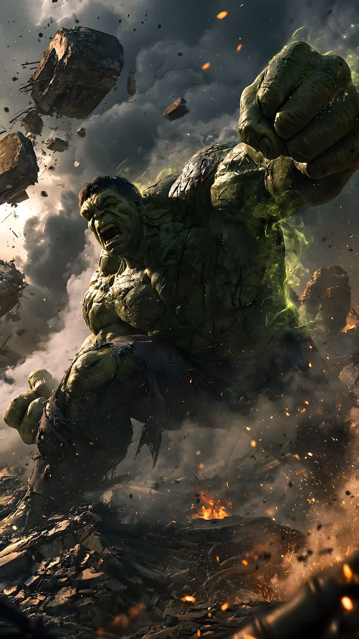 Download Incredible Hulk Smashing Ground Action 4K Wallpaper in Mobile HD Muscular green Hulk roaring and striking the ground amid flying rock debris and green energy smoke.