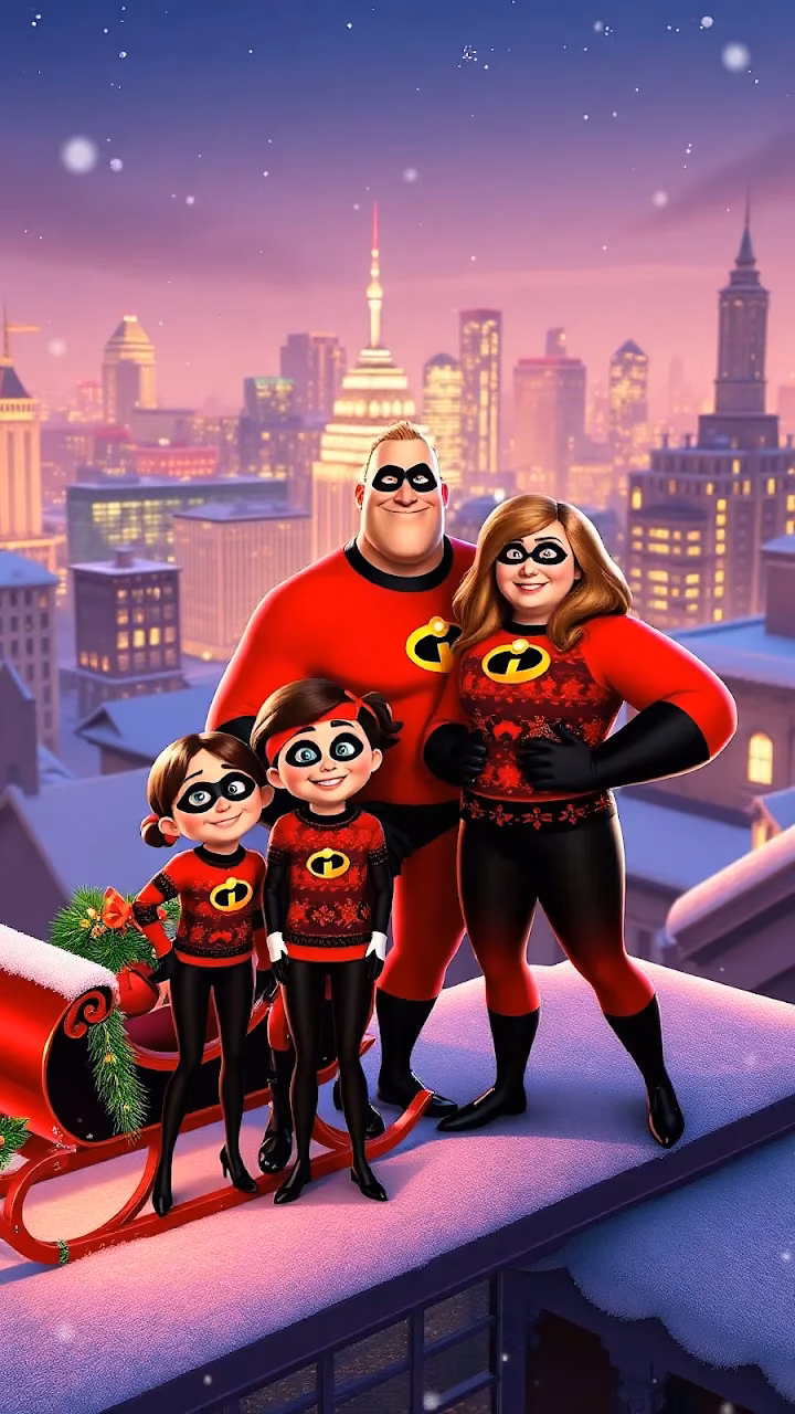 Incredibles Family on Snowy Rooftop at Dusk - Free Mobile AMOLED Wallpaper Background