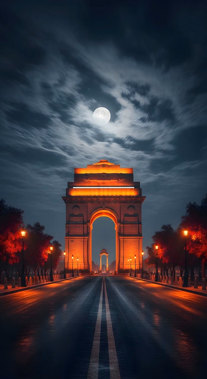 Download India Gate Monument Illuminated at Night Under Full Moon Wallpaper in Mobile HD India Gate Monument Illuminated at Night Under Full Moon - Free Mobile AMOLED Wallpaper Background
