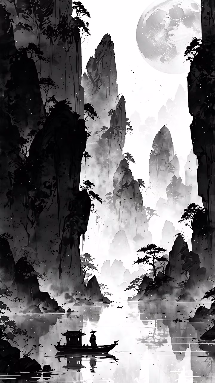 Download Ink Wash Landscape Asian Mountains Monochrome Full Moon Wallpaper in Mobile HD Ink Wash Landscape Asian Mountains Monochrome Full Moon - Free Mobile AMOLED Wallpaper Background