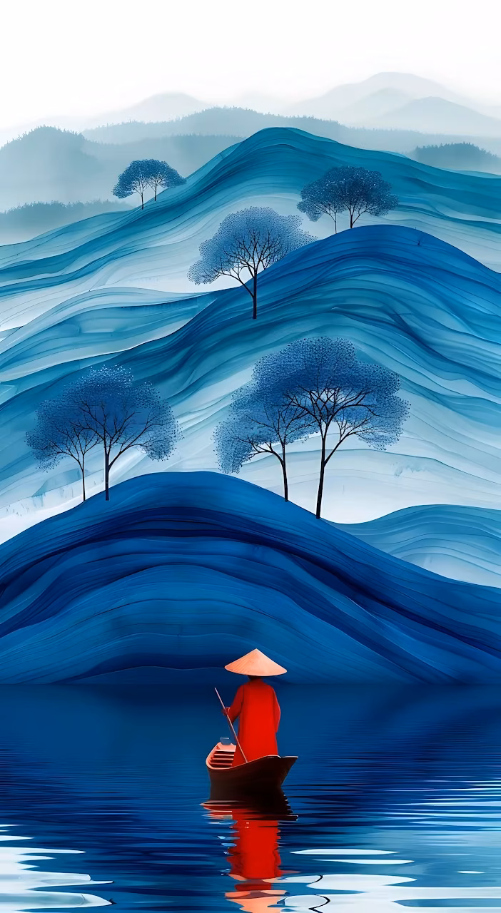 Download Ink Wash Landscape of Blue Mountains and Red Boat Wallpaper in Mobile HD Ink Wash Landscape of Blue Mountains and Red Boat - Free Mobile AMOLED Wallpaper Background