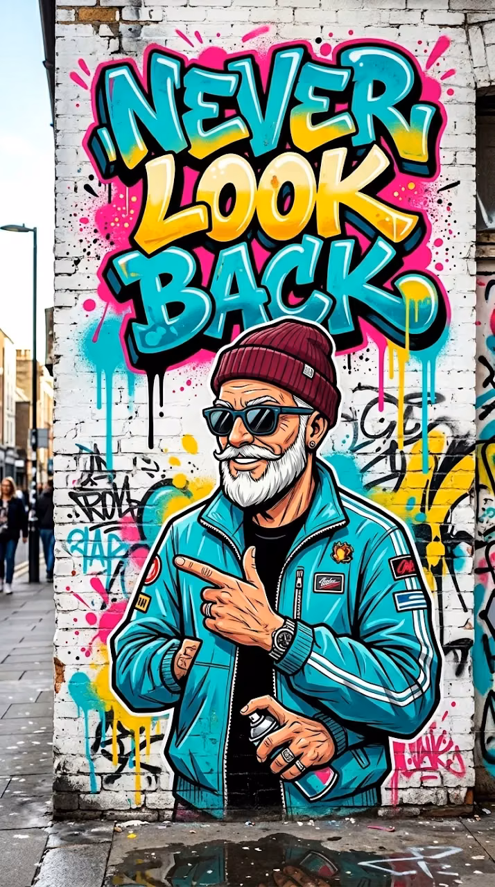 Download Inspiring Never Look Back Graffiti Mural with Stylized Hipster Character Wallpaper in Mobile HD Inspiring Never Look Back Graffiti Mural with Stylized Hipster Character - Free Mobile AMOLED Wallpaper Background