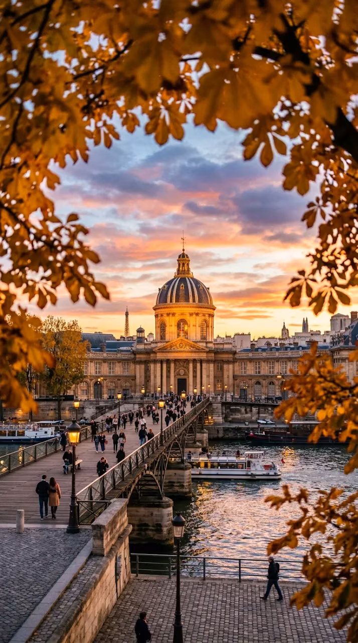 Download Institut de France in Paris Framed by Autumn Leaves at Sunset Wallpaper in Mobile HD Institut de France in Paris Framed by Autumn Leaves at Sunset - Free Mobile AMOLED Wallpaper Background