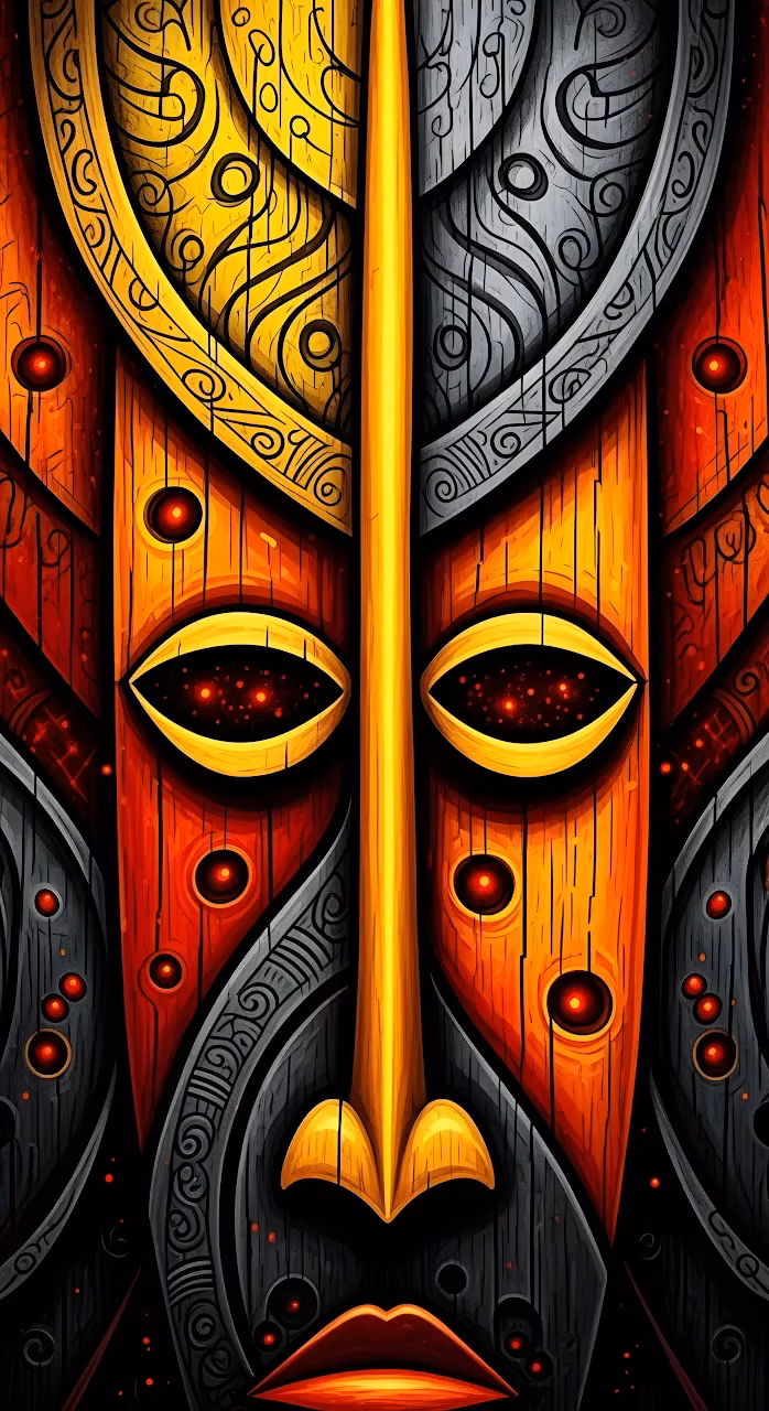 Intense African Tribal Mask with Yellow and Red Wood - Free Mobile AMOLED Wallpaper Background